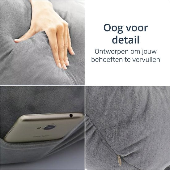 Coussin de lecture - Pour le lit - Avec 3 poches - Coussin de dossier canapé - Coussin d'assise - Lombaire - Coussin de dossier bas du dos - Lecture - Coussins - Support - Livres - livre - Siège - Gris