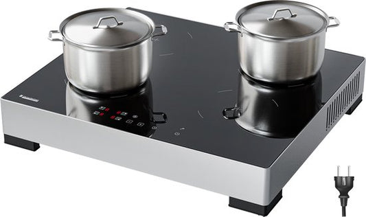 KitchenBrothers Table de cuisson à induction - Table de cuisson à induction autoportante - 60 cm - 4 zones - 1 phase - jusqu'à 2400W - Silver/RVS