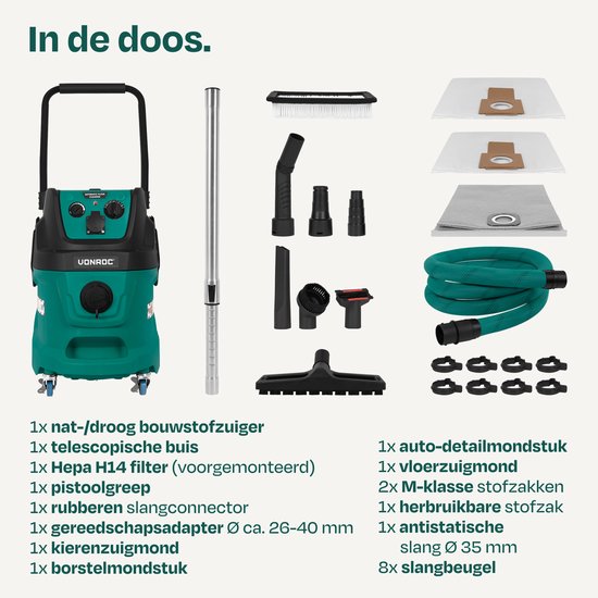 Aspirateur eau et poussière VONROC construction - Classe M - 1600W - 22kPa - Nettoyage automatique du filtre (fonction knock) - HEPA H14 - Réservoir 40L - Tuyau antistatique Ø35 mm