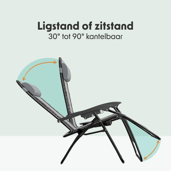 LifeGoods Chaises longues confort - pliable - 30°-90° réglable - support pour gobelets et téléphone - chaises de jardin - noir/gris