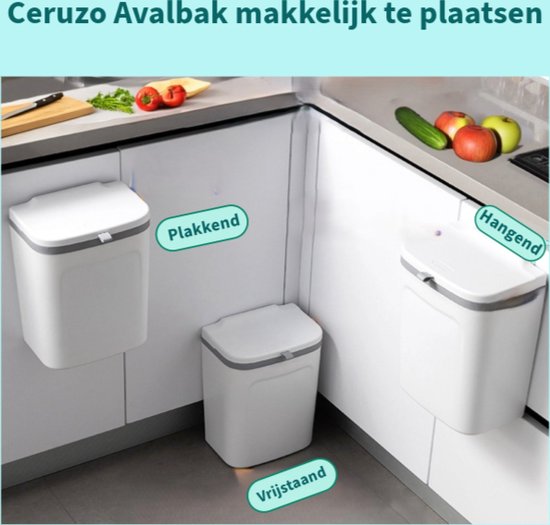 Ceruzo Poubelle - avec couvercle coulissant - 9 litres - Poubelle de comptoir GFT - suspendue ou sur pied - Blanc -24 x 16 x H30 cm