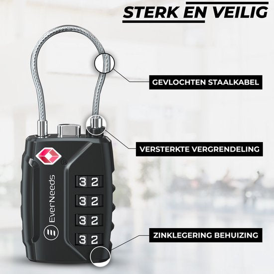 EverNeeds Serrure de valise - Serrure TSA - Cadenas à 4 chiffres - Serrure à chiffres - Noir - 2 pièces
