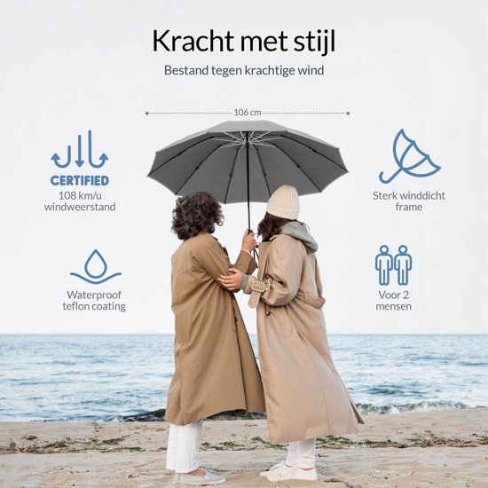 Parapluie tempête Nohrd - Gris - Parapluie pliable - Résistant à la tempête 108 km/h - Parapluies tempête - Pliage et dépliage automatique - Réfléchissant - Parapluies - Housse de protection incluse