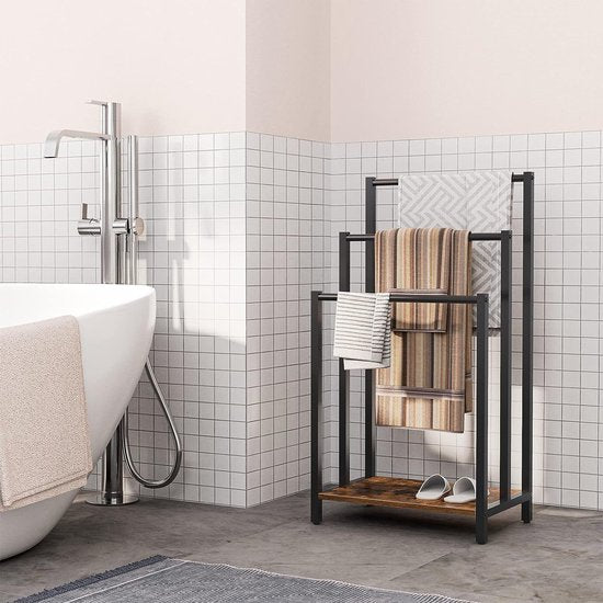 Ceruzo Porte-serviettes - Industriel - Autoportant - Métal - 3 Bras - Noir mat - aspect bois Salle de bain/cuisine