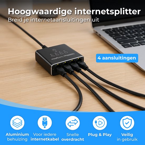 Nuvance Internet Splitter - 4 Ports - Commutateur réseau - jusqu'à 1000Mbps - Répartiteur réseau - RJ45 Cat5 Cat6 LAN UTP Ethernet