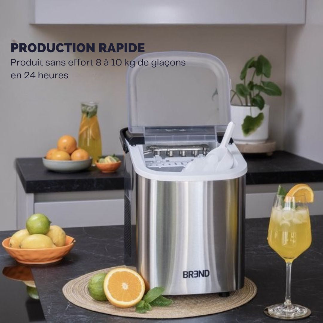 Machine à glaçons BREND - avec cuillère et plateau d'égouttage - Grands L ou petits S glaçons - 10 kg en 24 heures - Argenté