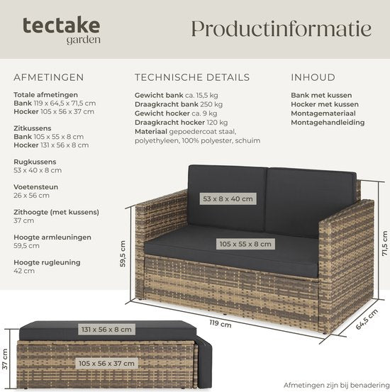 tectake® Canapé de salon en osier - Avec ottoman - Pour 2 personnes - Canapé de salon avec coussins d'assise et de dossier - Résistant aux intempéries - Idéal pour terrasse, jardin d'hiver et balcon - Dimensions canapé (LxLxH) 119 x 64,5 x 71,5 cm - Natur