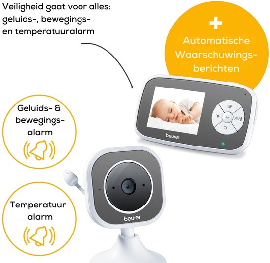 Beurer BY 110 Baby Monitor vidéo - Unité parentale/écran XL et caméra - Connexion numérique sans fil - Portée jusqu'à 300 mètres - Vision nocturne - Zoom numérique - Interphone - Chansons - Alarmes diverses - Minuterie - Eco+ - Garantie 3 ans