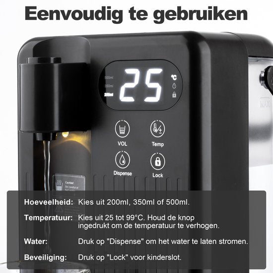 Nimma Distributeur d'eau chaude - 3 litres - 40-100℃ - Robinet d'eau chaude - 200/350/500 ml - Bouilloire instantanée - Noir