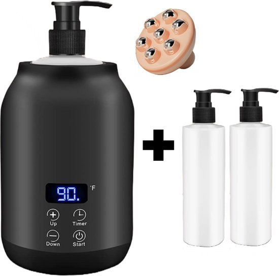 Bolusso Black Massage Oil Heater - Chauffe-huile de massage 30 à 65 degrés - Guasha - Appareil de massage - Comprend 2 distributeurs et un outil de massage - Chauffe-bouteille électrique - Huile de massage érotique