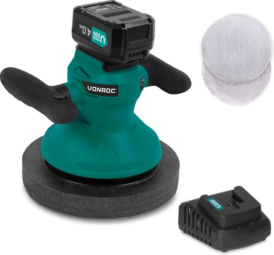 Accu polisher - machine à polir 20V - Ø240mm - Poignées réglables, 2 manchons de polissage et sac de rangement inclus - Batterie 4.0Ah et chargeur rapide inclus