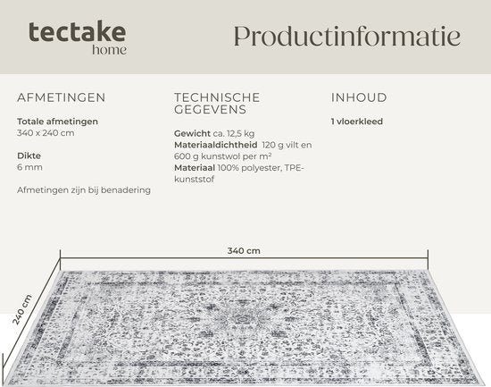 tectake - Tapis design vintage - tapis à poils ras - Aliya - 240cm x 340cm - gris