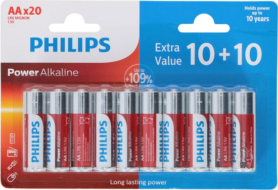 Piles alcalines Philips Power - 20x AA - 109% de puissance en plus