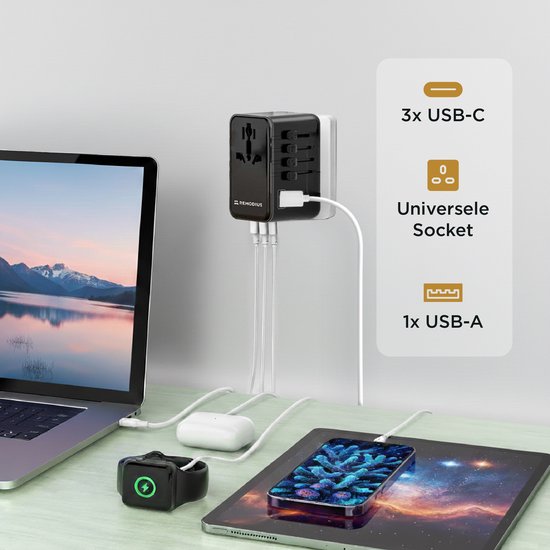 Remodius® World Plug PRO - 220+ pays - Prise de voyage universelle avec PD100W Ultra USB C Fast Charging pour ordinateurs portables, téléphones, tablettes et autres - 3x USB-C - 1x USB-A