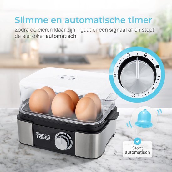 GoodForce Poule à oeufs automatique - avec minuterie - avec alarme - 6 oeufs - électrique - avec gobelet de mesure - avec pique-oeufs - acier inoxydable - lavable au lave-vaisselle