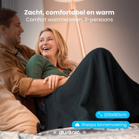 Couverture chauffante - Auronic - Couverture électrique - Polaire Sherpa - 9 niveaux de chaleur - minuterie - 200x180 - 2 personnes - Anthracite