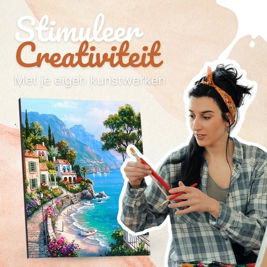 Rubye® Painting By Number Adults - Spanish Coast - With Brushes - Canvas Painting Canvas - Colours by Number - 40x50cm