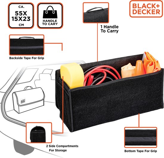 BLACK+DECKER Trunk Organiser - Sac de coffre - 55 x 15 x 23 CM - 1 grand compartiment et 2 inserts - Shopping et accessoires de voiture - Avec Velcro - Noir
