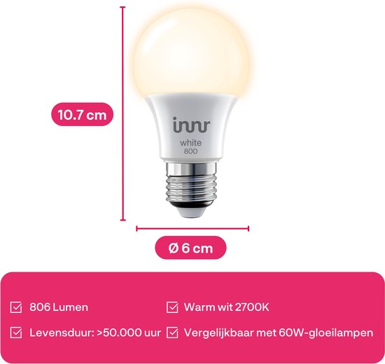 Innr smart E27 LED bulb - fonctionne avec Philips Hue* - ampoule Zigbee - lumière blanc chaud - ampoule intelligente - dimmable - 806 lumens - 2 packs