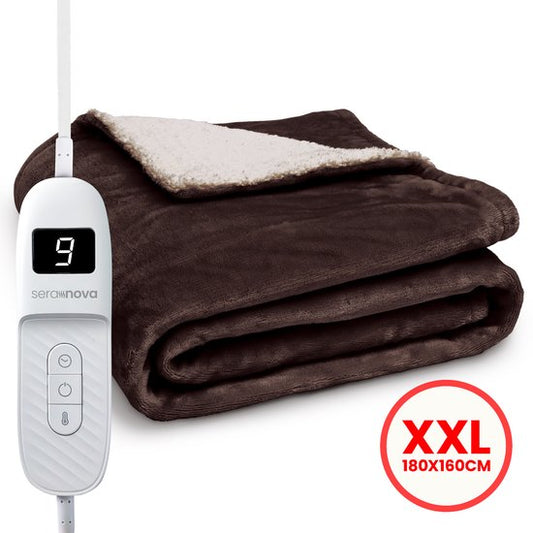Seranova Couverture électrique XXL - 180x160 cm - Couverture 2 personnes - Couverture chauffante - Double face - Polaire Sherpa - Châtaigne