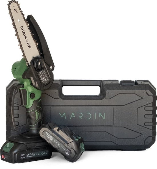Mini tronçonneuse Mardin - Scie à branches électrique - Scie d'élagage - Scie à bois - Scie à main - Scie à arbre - Taille-haie - 2 piles - Coffret de rangement - Vert