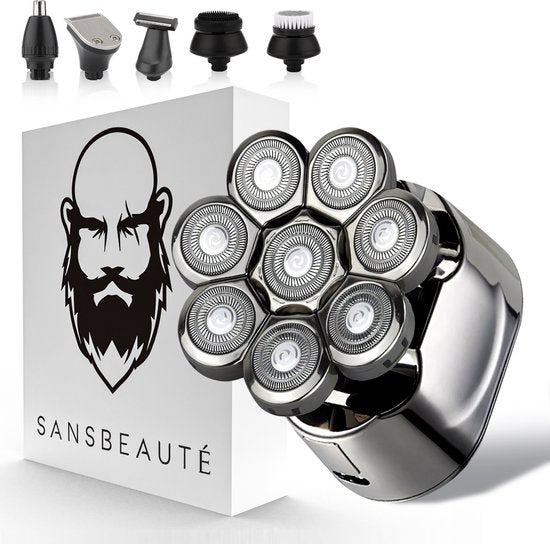 Rasoir 6-en-1 pour hommes - Tondeuse - Sansbeauté® SkullSharp PRO - 8 lames - Rasoir de crâne - Wet & Dry - Rasage du visage et de la tête - Rasage de la tête - USB - Attaches