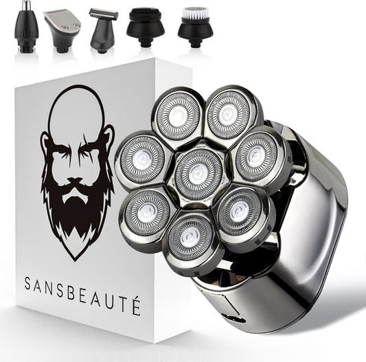 Rasoir 6-en-1 pour hommes - Tondeuse - Sansbeauté® SkullSharp PRO - 8 lames - Rasoir de crâne - Wet & Dry - Rasage du visage et de la tête - Rasage de la tête - USB - Attaches