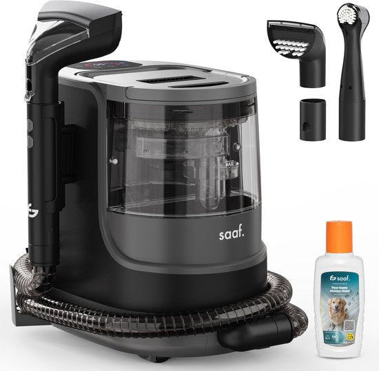 Nettoyeur de taches - Set de 7 pièces - Nettoyeur de tapis avec fonction vapeur - Inc. Détachant - Nettoyeur à vapeur - jusqu'à 100°C - Noir - par Saaf