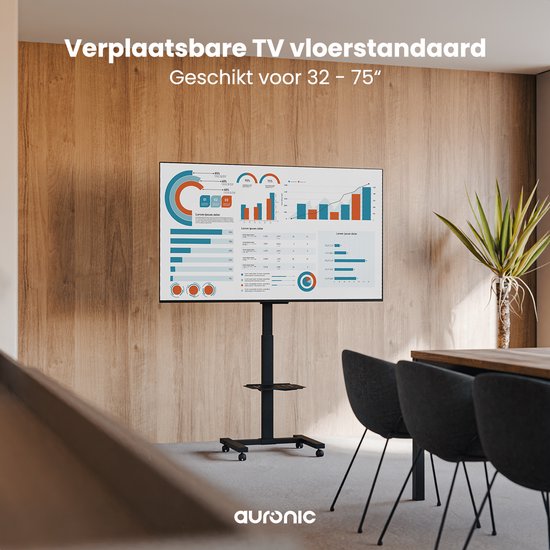 Auronic TV Stand - Pied TV - Mobile - Rotatif - Réglable - Inclinable - Roues avec frein - 32 à 75 pouces - Noir
