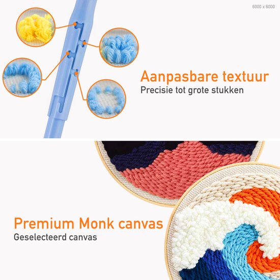 Happy Goods Punch Needle kit 2 designs SEA VIEW - Cercles de broderie avec aiguilles à broder et fil à broder - 18 couleurs set - Kit complet de broderie pré-imprimée pour adultes - hobby créatif
