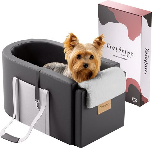 CozySense® Siège auto pour chien - Panier auto pour chien avec housse lavable - Pour petit chien - S'adapte à la console centrale - Sert également de sac de transport - Noir/Gris