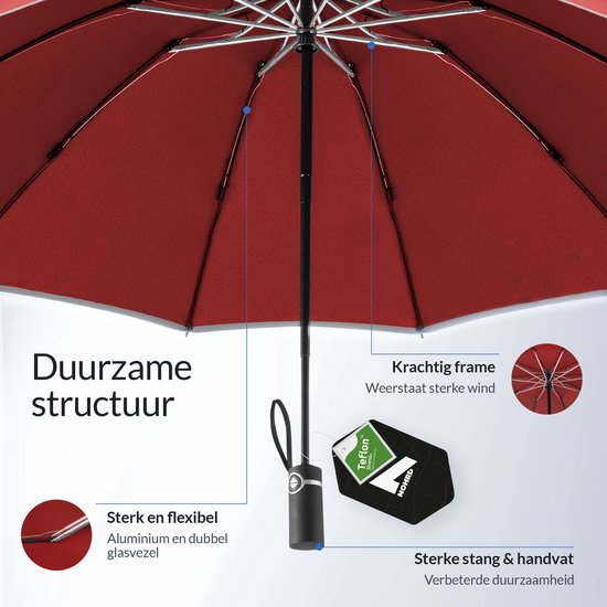 Nohrd Storm Umbrella - Bordeaux Red - Parapluie pliable - Stormproof 108 km/h - Parapluies tempête - Pliage et dépliage automatique - Réfléchissant - Parapluies - Housse de protection incluse
