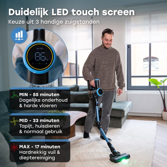 Ølven Aspirateur balai CleanMax - Sans fil - 400W - Dépoussiéreur - Batterie 55Min - Aspirateur sans sac - Fonction Aroma