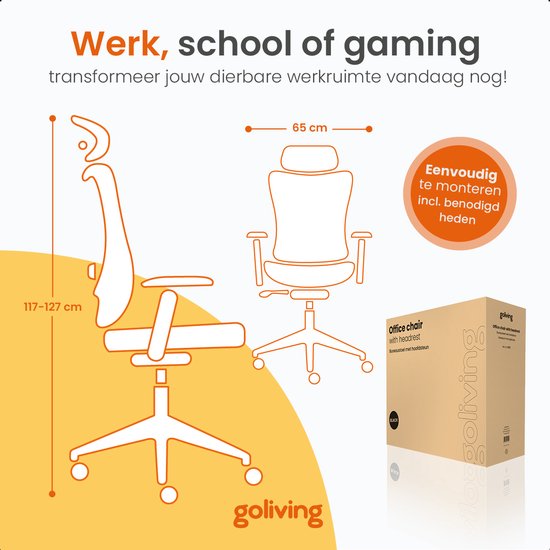 Goliving Ergonomic Office Chair - Chaise de bureau - Avec appui-tête - Chaise de bureau - Réglable - Gaming - Pour adultes - NEN-1335 - Noir