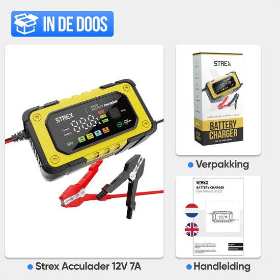 Chargeur de batterie Strex 12V 7A - Chargeur rapide et goutte à goutte avec écran LCD - Pour voiture, moto, bateau et batteries AGM/plomb - Mode réparation