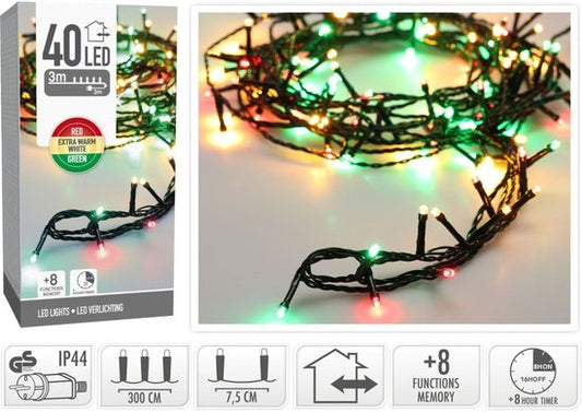 Lumières de Noël 40 led- 3m - trois tons traditionnel - Minuterie - Fonctions d'éclairage - Mémoire - Extérieur