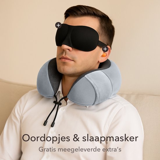 SKYCASES Travel Essentials - Oreiller de cou 3 pièces - Oreiller de voyage ergonomique en mousse à mémoire de forme avec masque pour les yeux et bouchons d'oreille - Idéal pour l'avion, la voiture et le train - Compact et luxueux - Gris clair