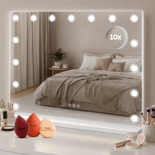 Fraay® Hollywood Mirror with Lighting 60x50cm - 3 Light modes - Make-up Mirror with 10x Magnification Mirror - LED Dots Lighting Dimmable - Incl. 2 Beauty Blenders and Powder puff