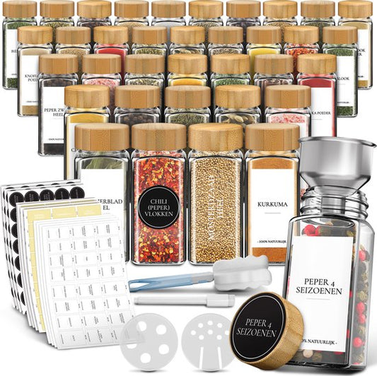 Soothe 36 pots à épices carrés en verre avec couvercle en bambou - 2 types de couvercles à saupoudrer - Spice Spreader - pots à épices - Set complet avec stickers à épices, stick à craie et accessoires - 120ml