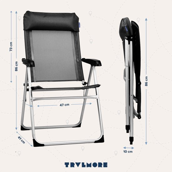 TRVLMORE Chaise de camping - 5 positions - Chaise de camping pliante - Capacité de charge 110 kg - Chaise de pêche - Chaise pliante - Noir