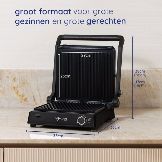Safecourt Kitchen - Contact Grill 3-en-1 - Grille-pain, grille-pain et plaque de gril - Plaques amovibles - Sans PFAS - Noir