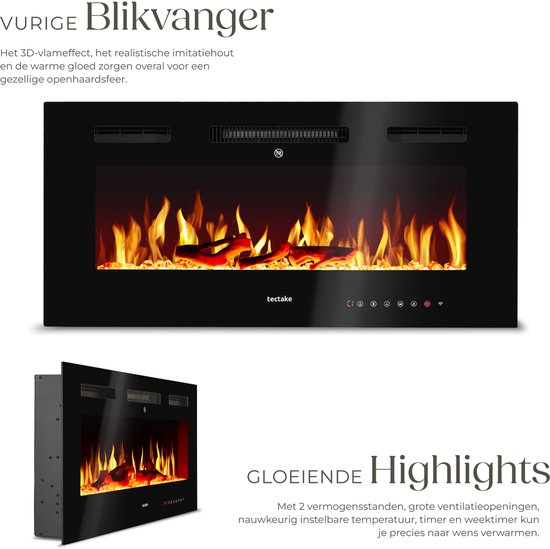 tectake® Wall Fireplace - Cheminée électrique - Atmosphere Fireplace - 91,5 x 12 x 43 cm - 900W & 1800W - contrôlé par télécommande ou application - avec thermostat - poêle - avec chauffage - cheminées - effets de bois et de lueur - flammes 3D - minuteur