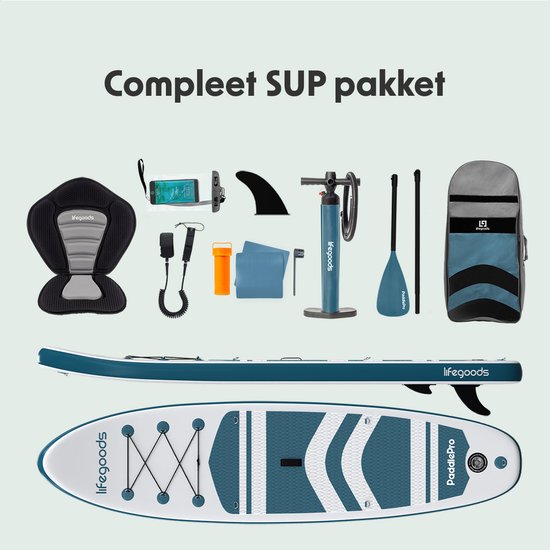 LifeGoods PaddlePro SUP Board - avec siège - Planche à pagaie gonflable - Ensemble complet - Max. 135KG - 320x81cm - Blanc/Aqua profond