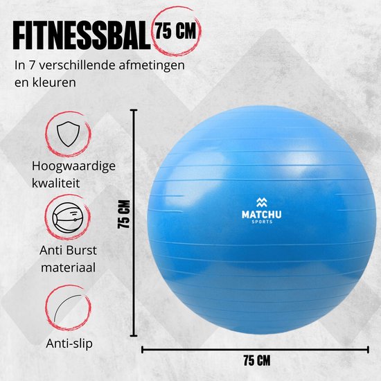 Matchu Sports - Ballon de fitness - Ballon de Pilates - Anti Burst - Ballon de grossesse - Ballon de gym - Ballon pour s'asseoir - Pompe incluse - Ø 75cm - Bleu - 300 KG chargeable