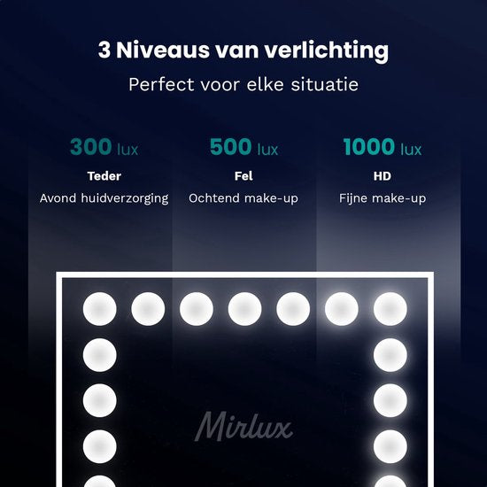 Mirlux Make Up Hollywood Mirror with Lighting (44x30cm) Vision - Dimmable LED Bulb Light - 13 Lamps - Black