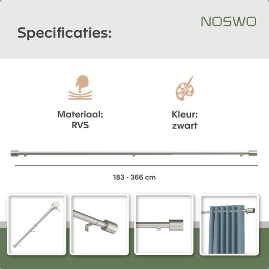 Noswo Tringle à rideaux - Extensible - 183 à 366 cm - Tringle à rideaux - Tringle à rideaux complète - Métal - 300cm - Argenté