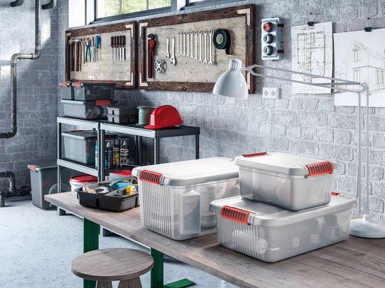 Kis K Latch Box L - Boîte de rangement avec couvercle - 43L - 59x39x28 - Transparent/Orange clips