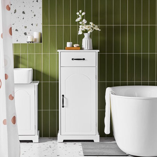 SoBuy Meuble de salle de bain, petit meuble de rangement avec tiroir, colonne de salle de bain en bois, meuble de toilette, résistant à l'humidité, blanc, 42 x 30 x 93 cm, BZR207-W