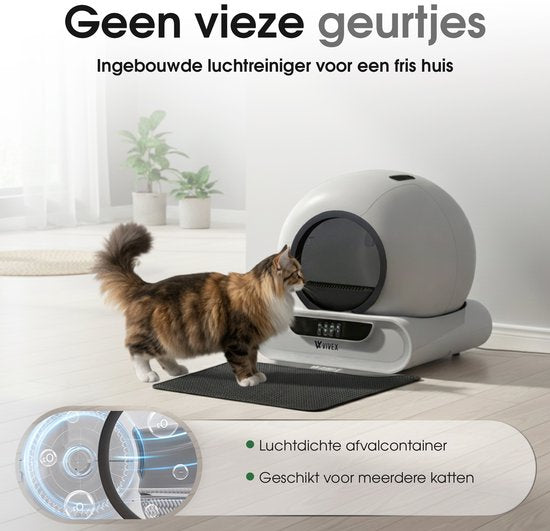Vivex® Automatic Litter Box - Bac à litière autonettoyant avec application - 75L - avec tapis et 5 sacs de ramassage en rouleau - XXL