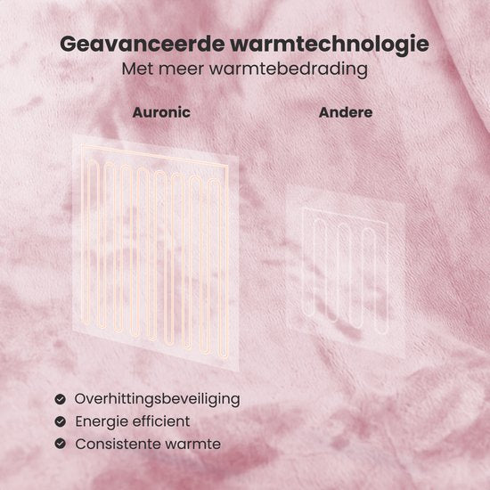 Couverture électrique Auronic - 200x180cm - Couverture chauffante - 2 personnes - 3 niveaux de chaleur - Couverture - Avec minuterie - Couverture chauffante - Rose